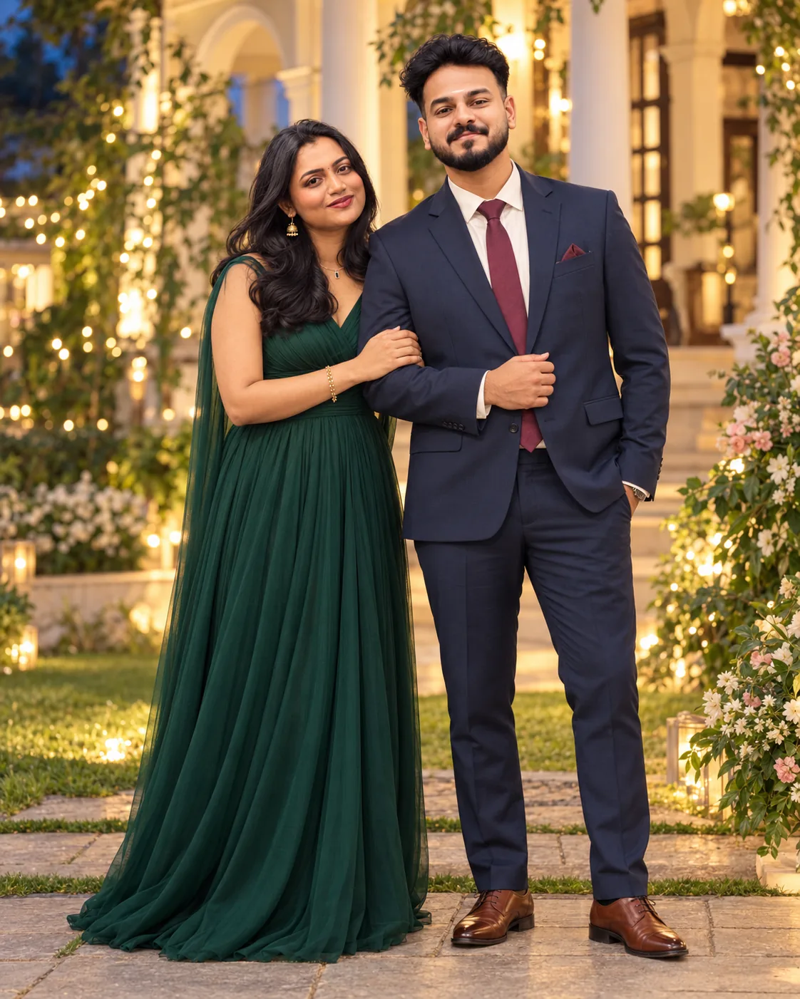 AI-created reception portrait of Sreelakshmi in an emerald gown and Shijith in a navy suit