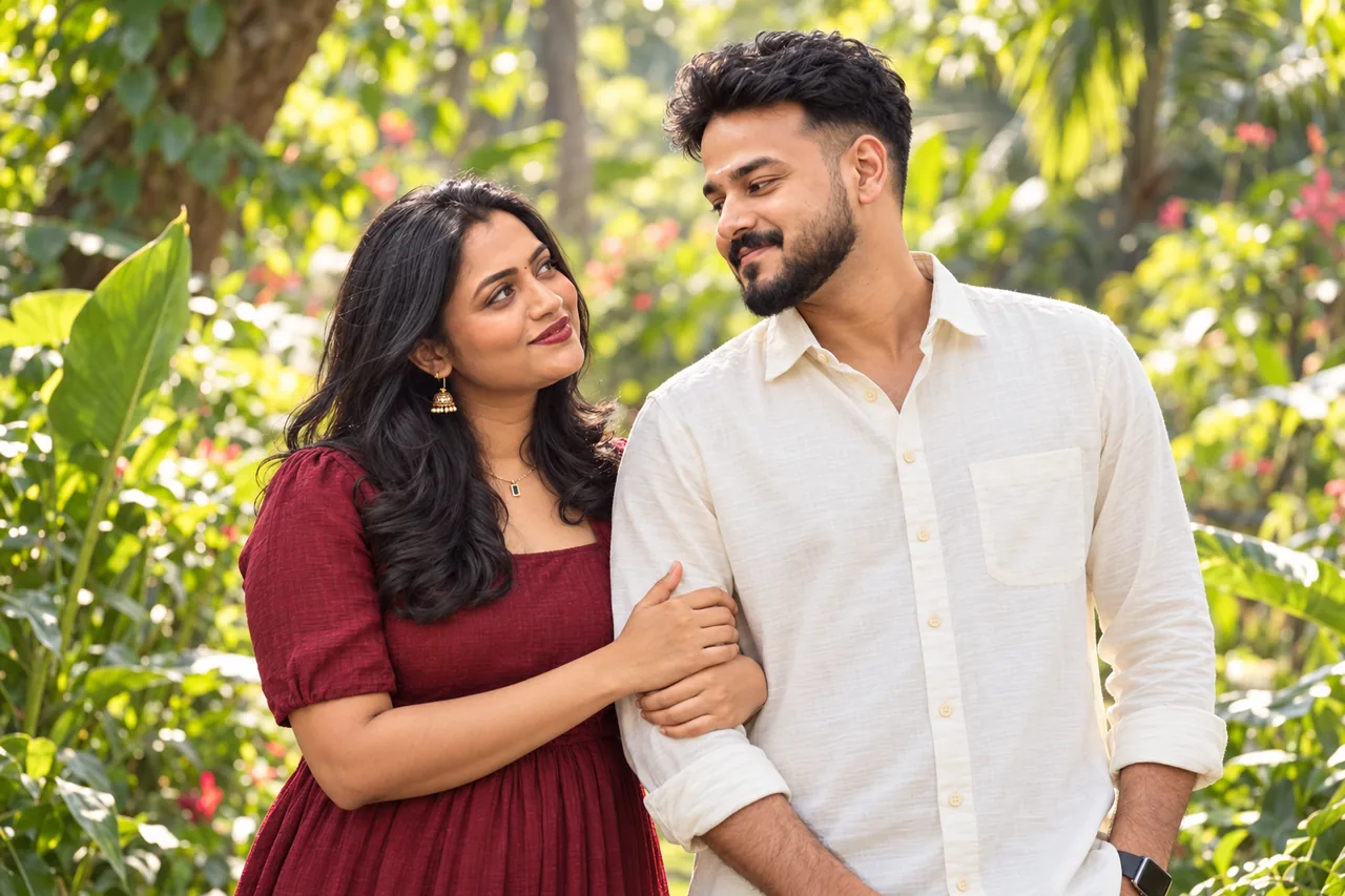 AI-created relaxed portrait of Shijith and Sreelakshmi looking warmly at each other in a garden