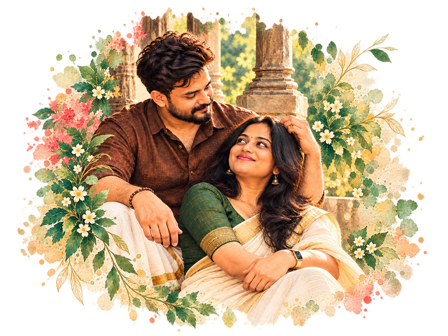 An illustrated portrait of Shijith and Dr. Sreelakshmi together in a garden courtyard